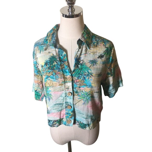 C&C California Top Women's Size XS Blue Multicolor Beach Button Up Linen Blend - Picture 1 of 8